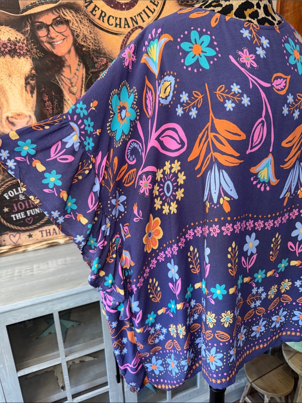 EASEL Floral Purple Boho Blouse w/Ruffle Sleeve - Size Medium